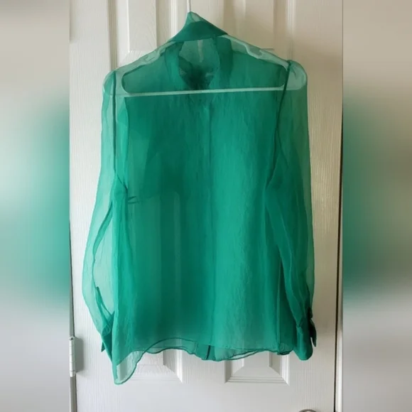 Zara Vibrant Green Sheer Bow Blouse, Size XL - Picture 6 of 11